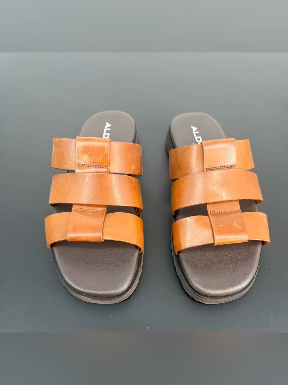 Aldo Men’s Tan Triple-Strap Leather Slide Sandals Size 10